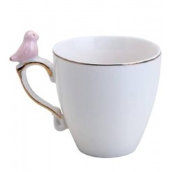 Xicara 90ml Café Porcelana Cute Birds Rosa Design Plate